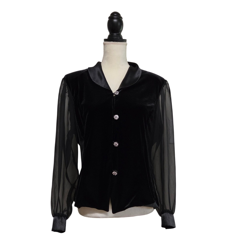 90s Black Velvet Sheer Mesh Sleeve Rhinestone Button Blouse XL Glam Goth